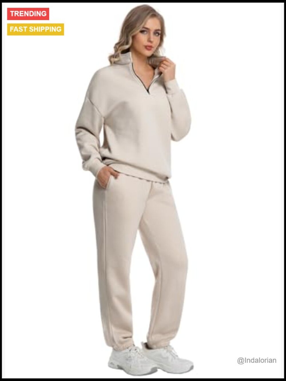 Women's 2 Piece Lounge Set Half Zip Pullover Baggy Sweatpants with Pockets - Picture 4 of 6